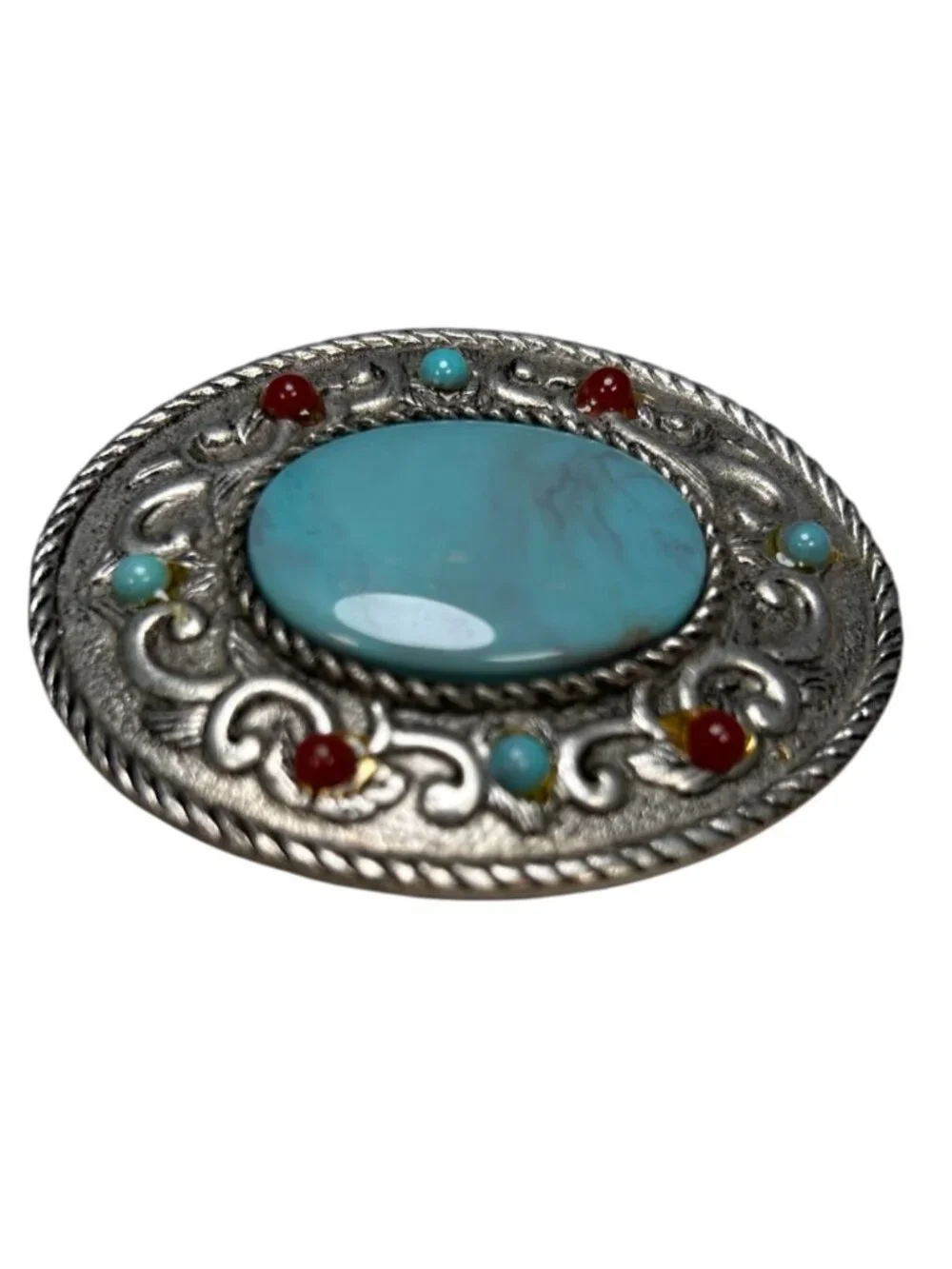VTG Western Silver Tone Metal Belt Buckle Turquoise Coral Color Detail